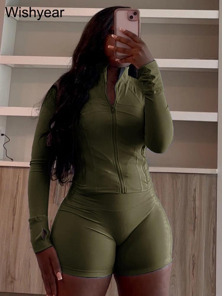 Ensemble de survêtement vert pour femme, veste zippée à manches longues, haut et short, tenue de jogging de fitness décontractée, 2 pièces, printemps et automne, ventes