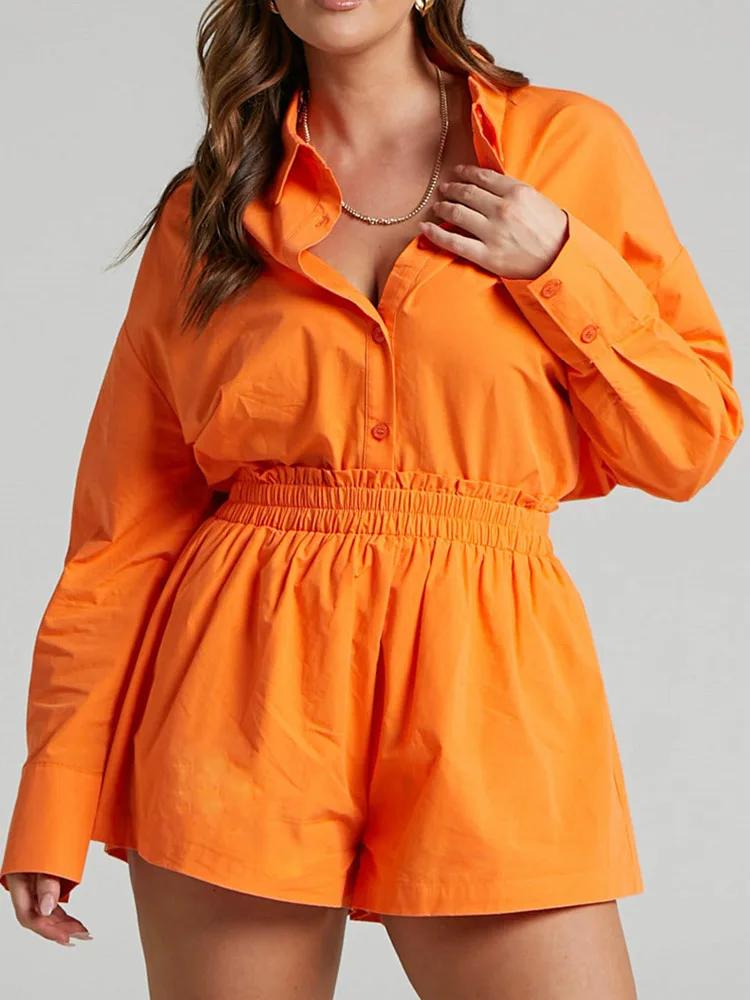 Survêtements en coton pour femmes, chemise avec mini short, ensembles 2 pièces, vêtements de mode, tenues, chemisiers