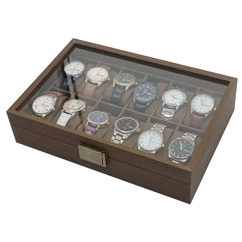 Boîte à montres en bois à 12 emplacements avec couvercle en verre