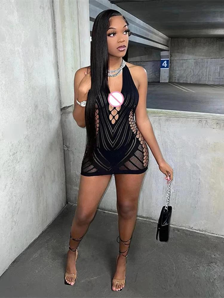 Robe courte dos nu en dentelle transparente pour femmes