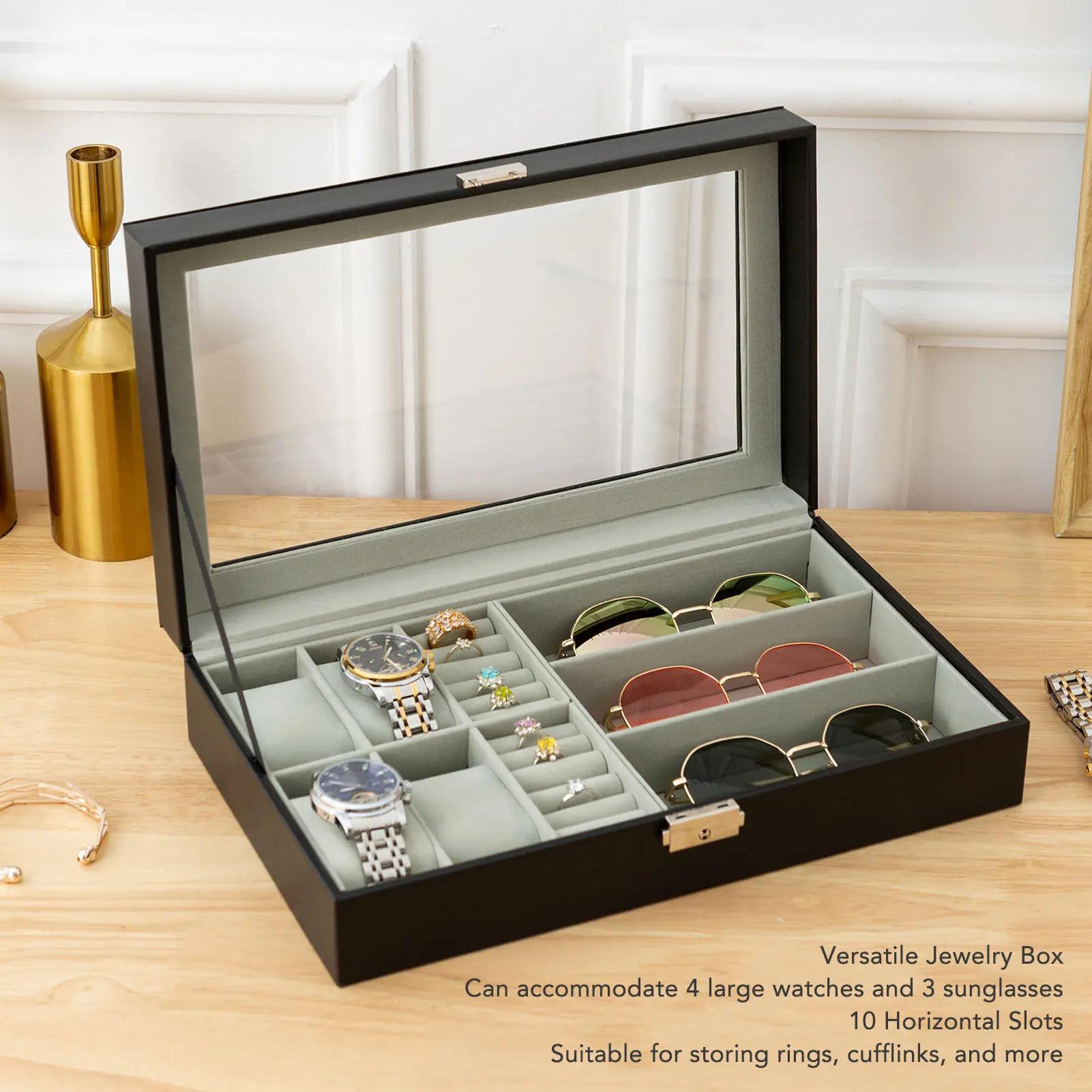 Boîte à bijoux pour hommes, organisateur polyvalent pour montres, lunettes et bagues, étui à bijoux avec décoration métallique, boîte à lunettes pour hommes