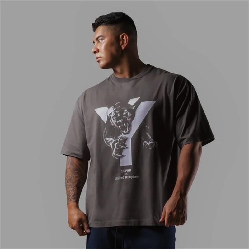 T-shirt sport homme coton imprimé léopard - Vêtements rue décontractés manches courtes confortable