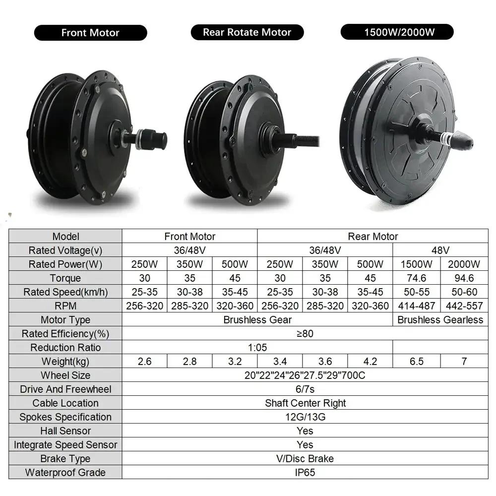 Moteur de roue de vélo électrique 36V 250W 350W 500W pour roues avant arrière 20 24 26 27.5 28 29 700C