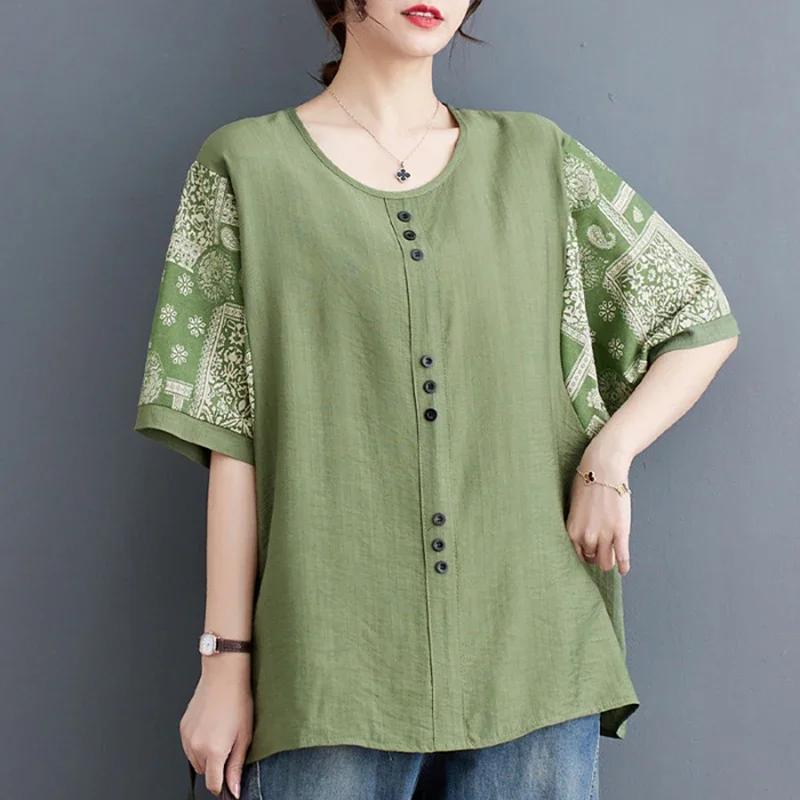 Grande taille vêtements pour femmes ample demi manches coton lin T-shirt