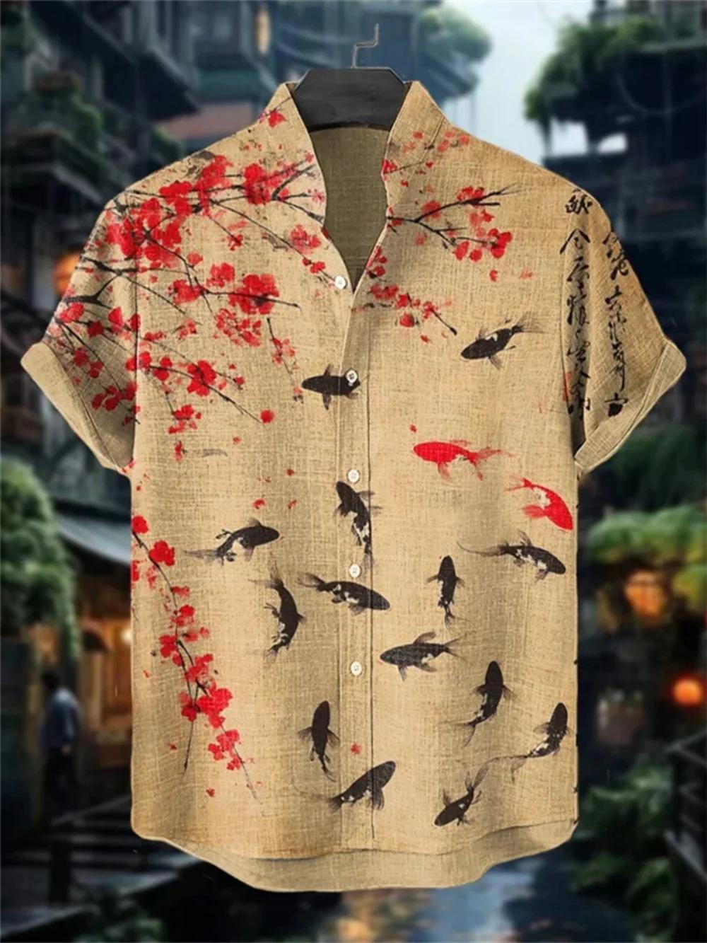 Chemise Homme Grande Taille Imprimée Motif Dessin Animé, Col Montant Tendance, Manches Courtes, Tenue en Lin de Haute Qualité pour l'Extérieur