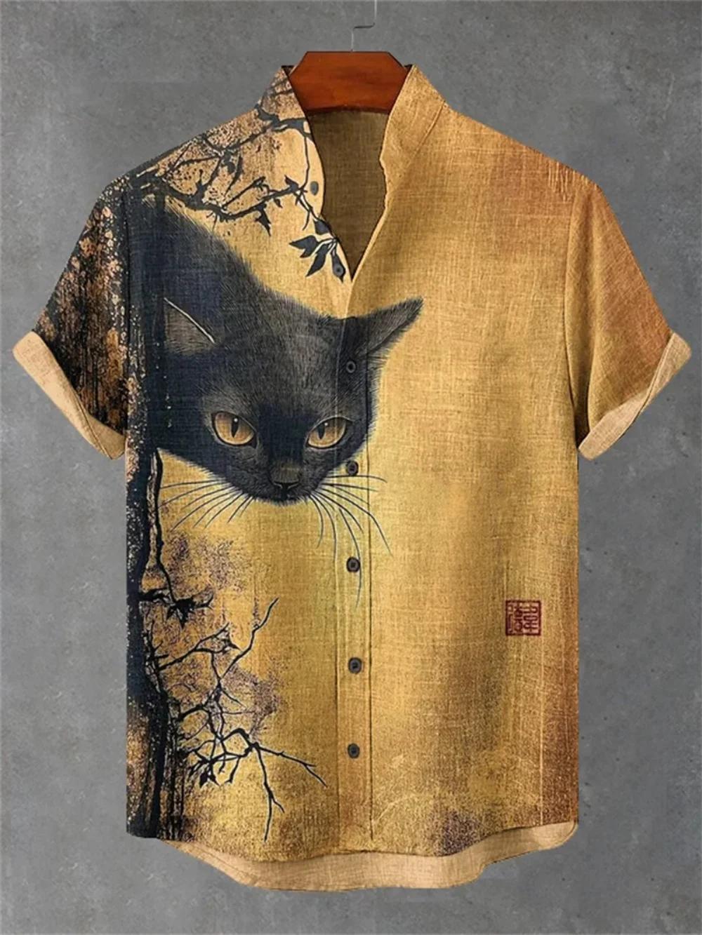Chemise Homme Grande Taille Imprimée Motif Dessin Animé, Col Montant Tendance, Manches Courtes, Tenue en Lin de Haute Qualité pour l'Extérieur