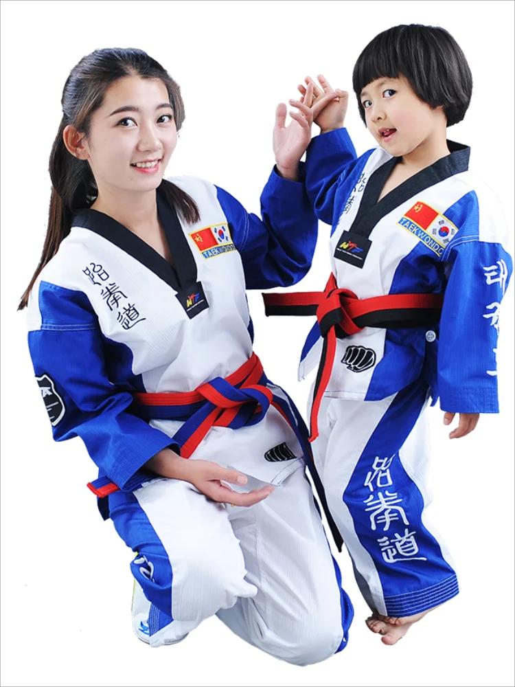 Uniforme de Taekwondo Dobok col V pour adultes et ados - Vêtements TKD noirs rouge et bleu certifiés WTF 3 documents