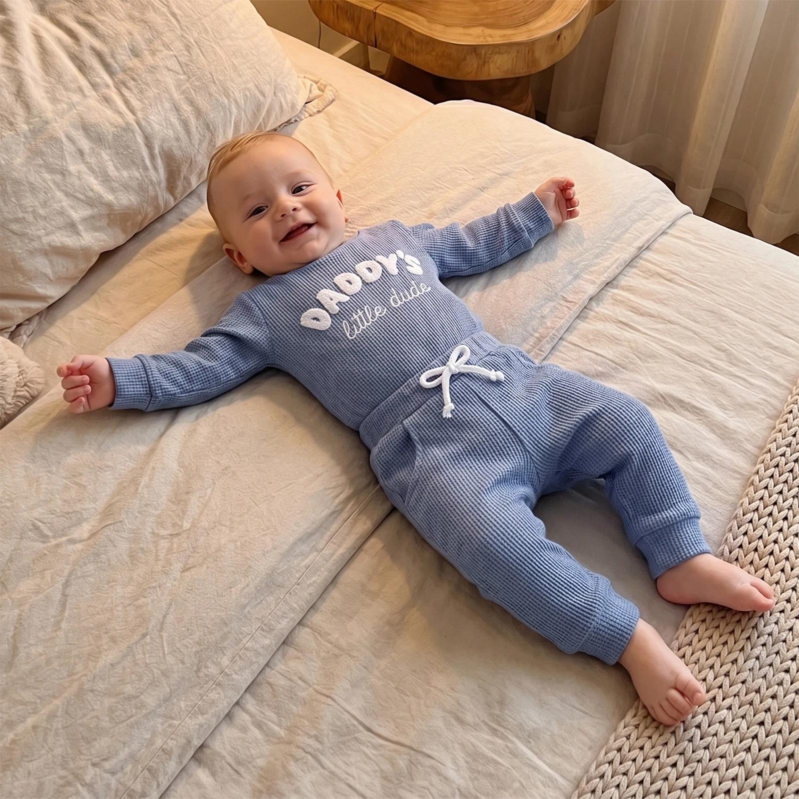 Vêtements pour bébé garçon, vêtements d'automne, broderie de lettres, combinaison à manches longues en tissu gaufré, pantalon uni, ensemble de 2 pièces