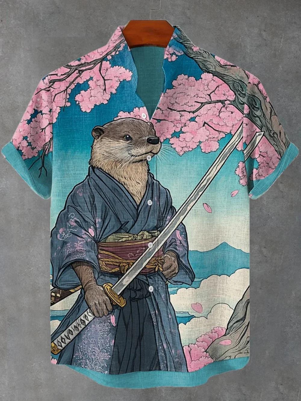 Chemise Homme Grande Taille Imprimée Motif Dessin Animé, Col Montant Tendance, Manches Courtes, Tenue en Lin de Haute Qualité pour l'Extérieur