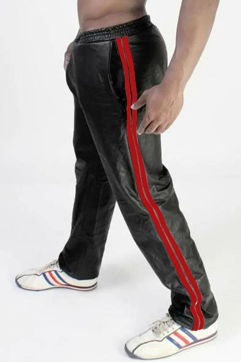 Pantalon de jogging en cuir PU pour homme, décontracté, à double rayures latérales, coupe droite, taille élastique, style Hip Hop Streetwear