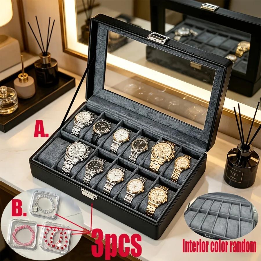 Boîte à montres en cuir pour homme à 12 emplacements avec serrure et 3 boîtes de rangement transparentes pour bracelets, organisateur de montres de luxe pour collectionneurs et passionnés d'horlogerie