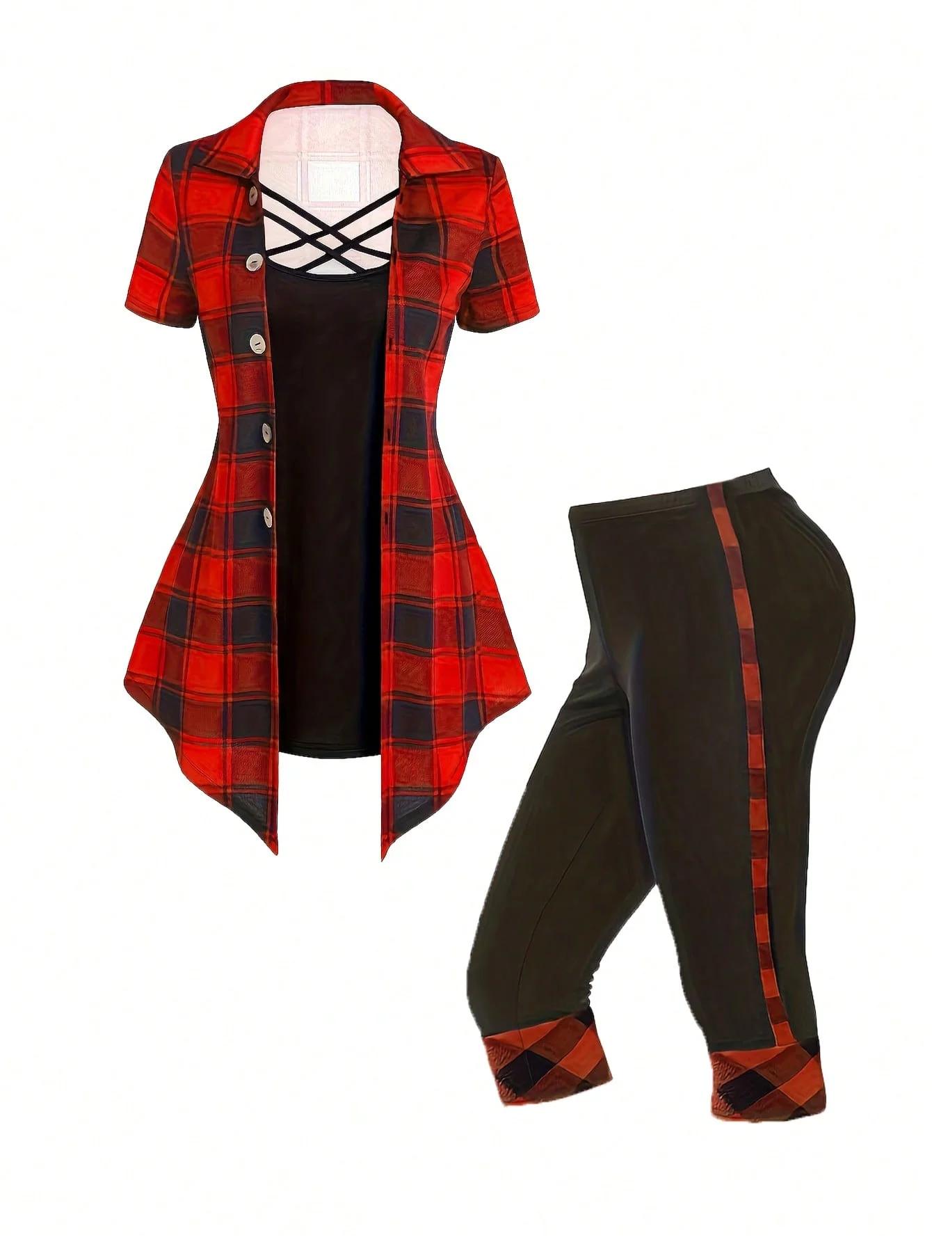Ensemble deux pièces à imprimé écossais pour femmes, haut à manches courtes découpé croisé, tenues de pantalon capris, vêtements grande taille