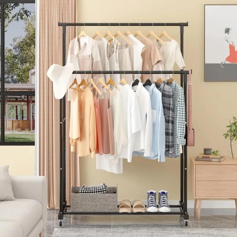 Porte-vêtements à Double tige, avec crochets, organisateur de vêtements suspendu pour chambre à coucher, cintre mobile avec roulettes