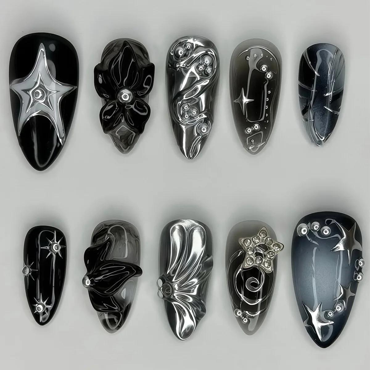 24 pièces faux ongles courts en amande ailes de papillon Nail Art avec colle paillettes fleur