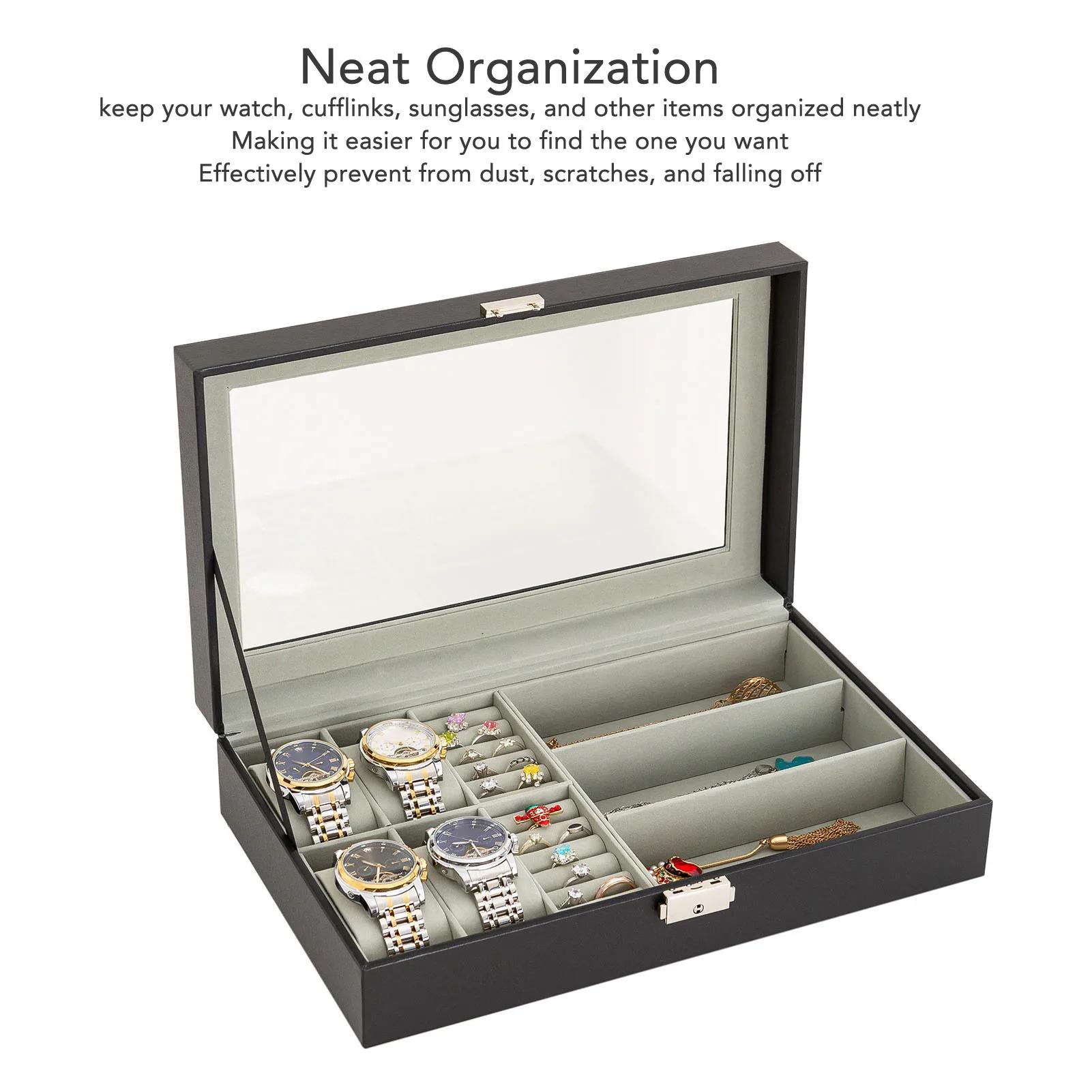 Boîte à bijoux pour hommes, organisateur polyvalent pour montres, lunettes et bagues, étui à bijoux avec décoration métallique, boîte à lunettes pour hommes
