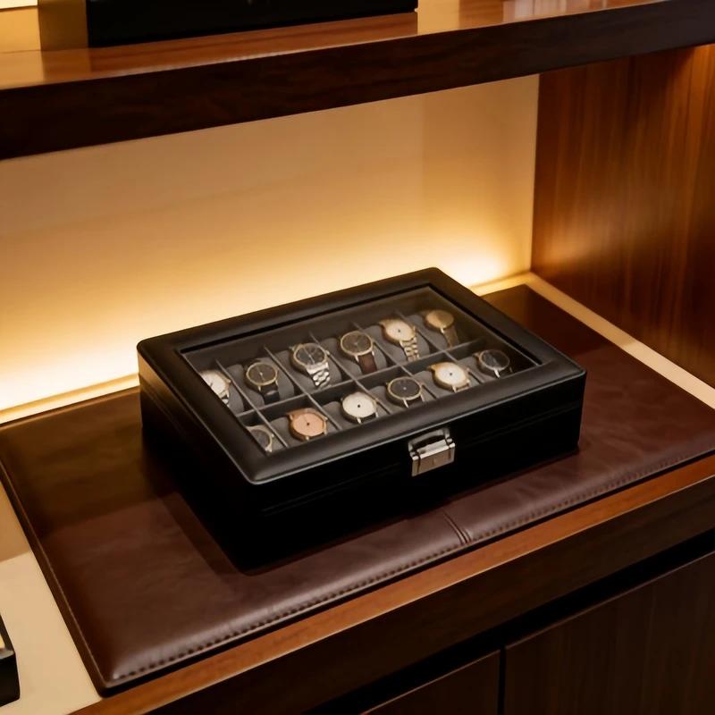 Boîte à montres en cuir pour homme à 12 emplacements avec serrure et 3 boîtes de rangement transparentes pour bracelets, organisateur de montres de luxe pour collectionneurs et passionnés d'horlogerie