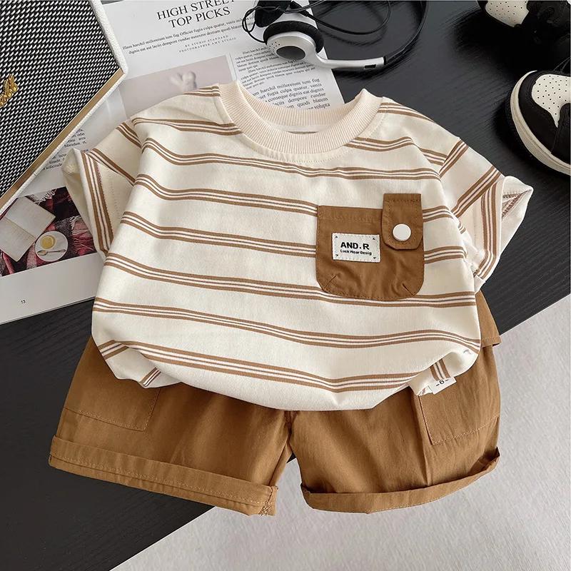 Vêtements d'été pour enfants, costumes pour bébés garçons, t-shirt rayé avec poche, shorts, 2 pièces/ensemble, costume décontracté pour tout-petits, survêtements pour enfants