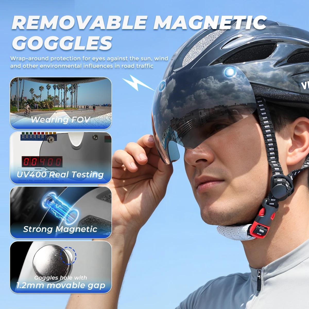 VICTGOAL Herren Fahrrad Helm Rückleuchte Magnetische Brille UV400 Linse Sonnenblende Fahrrad Helm MTB Motorisierte Roller Fahrrad Sicherheit