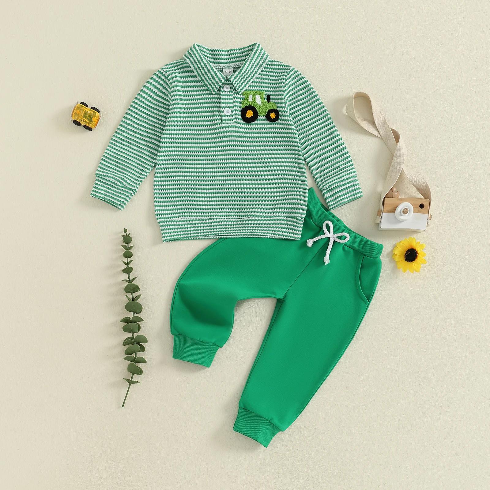Vêtements pour bébé garçon 2 pièces tenues à manches longues revers camion broderie hauts rayés pantalons ensemble de vêtements