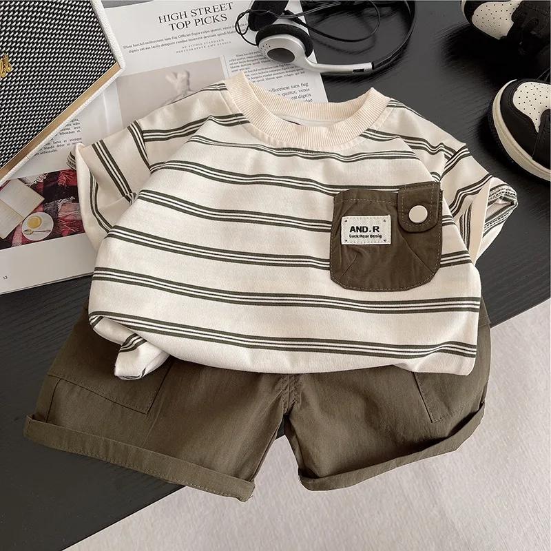 Vêtements d'été pour enfants, costumes pour bébés garçons, t-shirt rayé avec poche, shorts, 2 pièces/ensemble, costume décontracté pour tout-petits, survêtements pour enfants