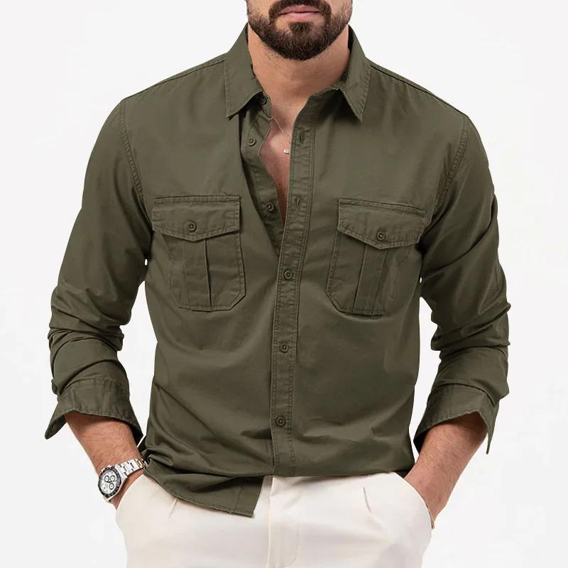 Chemise homme affaires décontractée 2026 armée verte à manches longues pour occasions professionnelles et décontractées