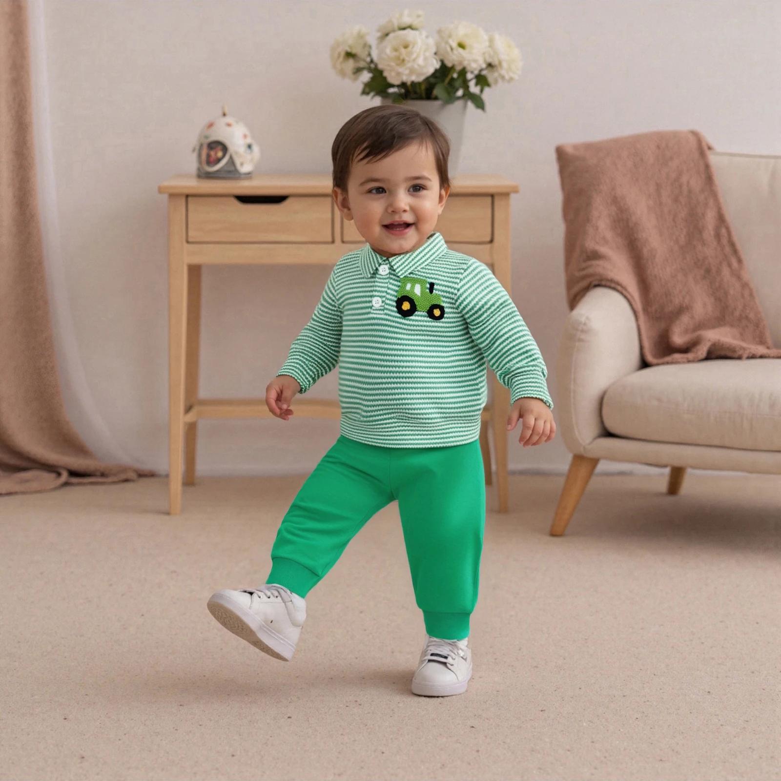 Vêtements pour bébé garçon 2 pièces tenues à manches longues revers camion broderie hauts rayés pantalons ensemble de vêtements