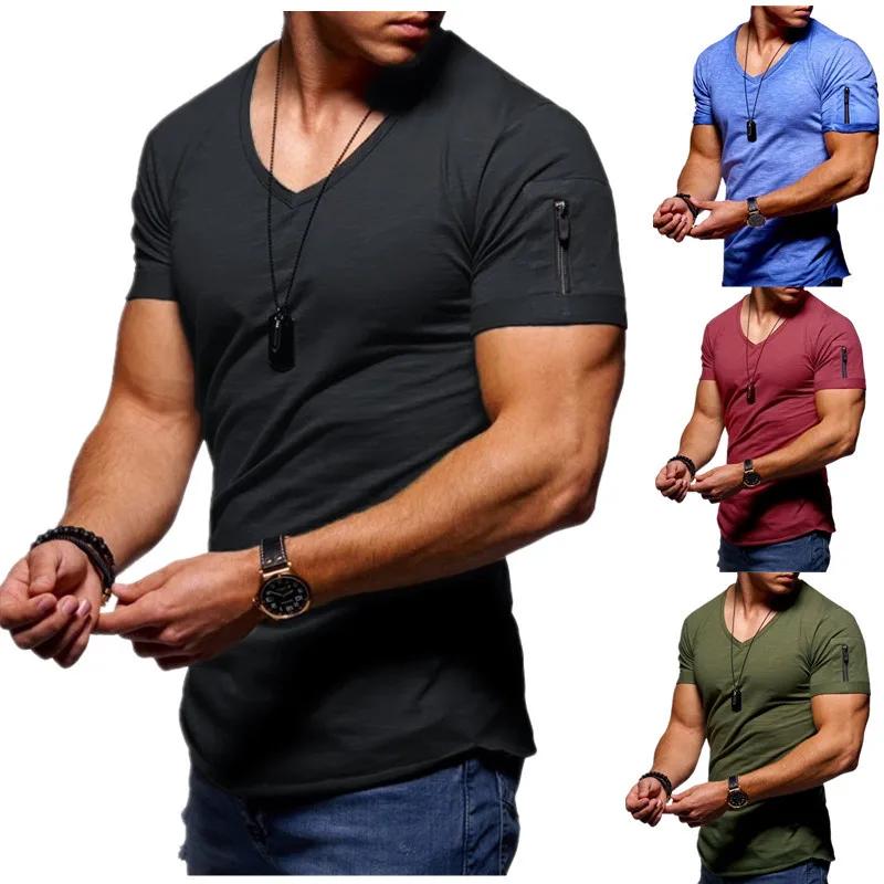 Vêtements pour hommes grande taille, mode européenne et américaine, t-shirt à col en V, t-shirt décontracté en coton à manches courtes pour hommes