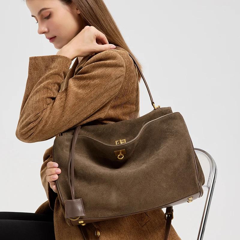 Sac à main en daim et cuir véritable pour femmes