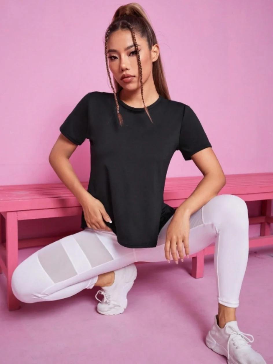 Tenue de Yoga pour femmes, T-shirt de sport d'été, ample, respirant, séchage rapide, haut en maille, entraînement au dos, fitness, manches courtes