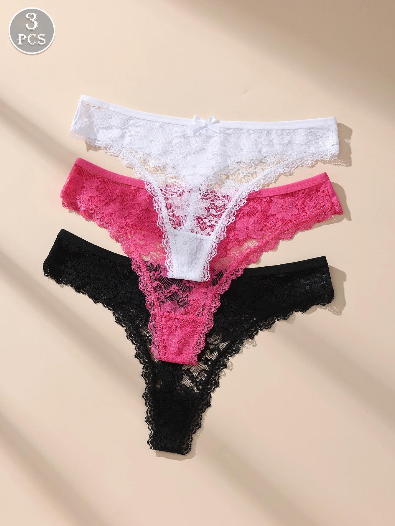 Awesomea 3 pièces de sous-vêtements avec nœud en dentelle pour femme – Culotte taille basse douce et confortable – Slip léger respirant, extensible et sans couture