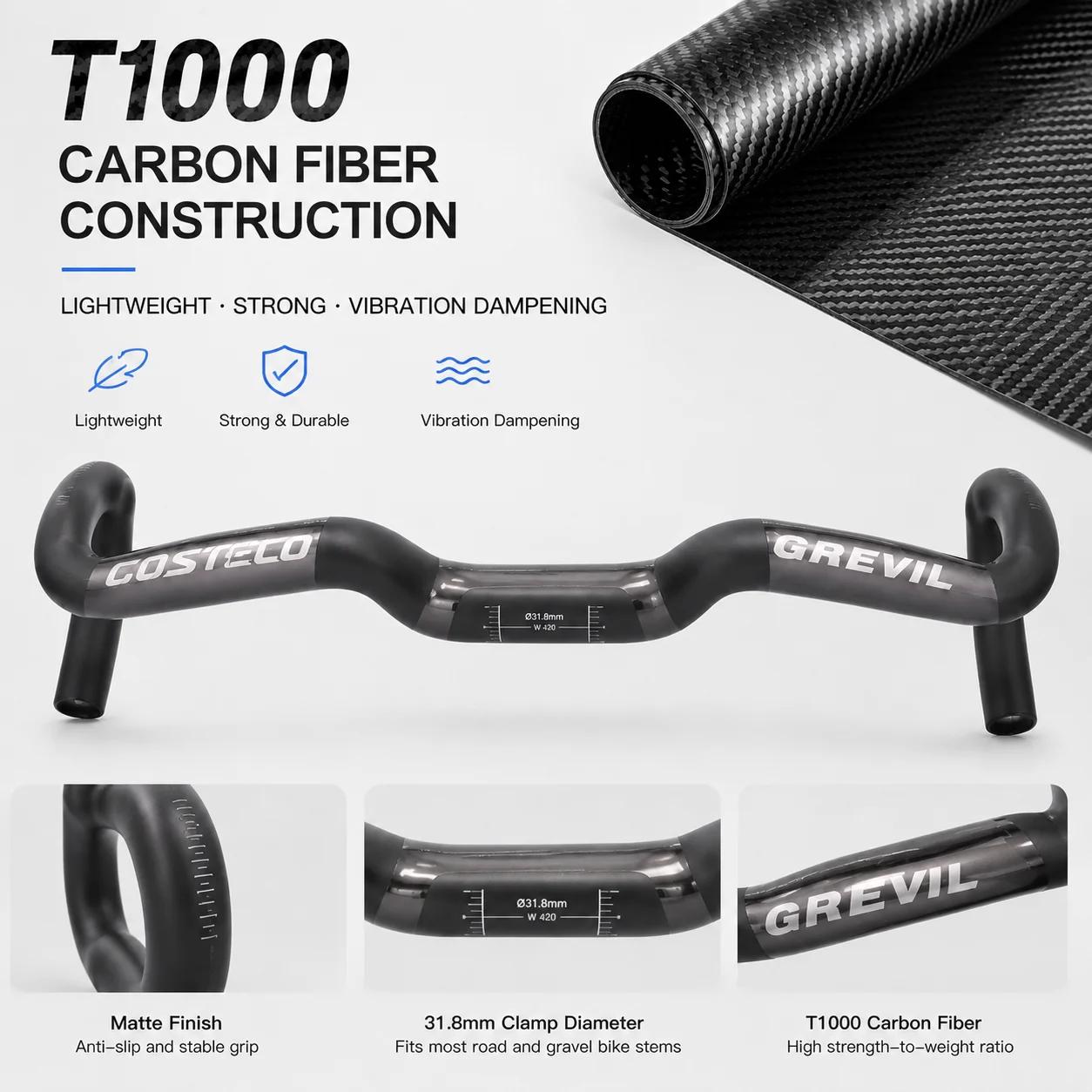 Guidon de vélo de gravier en carbone GREVIL T1000, barre de descente 31,8 mm 38/40/42 cm pour vélo de route, gravier, cyclocross
