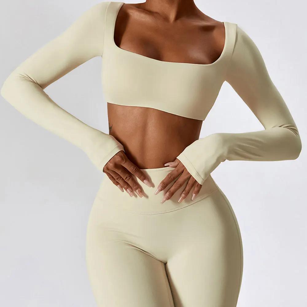 Crop top yoga femme manches longues - Haut sportif sexy nombril exposé séchage rapide fitness