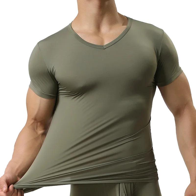 Ice InjT-Maillot de corps en nylon à manches courtes et col en V pour homme, chemises ultrafines, vêtements de nuit cool