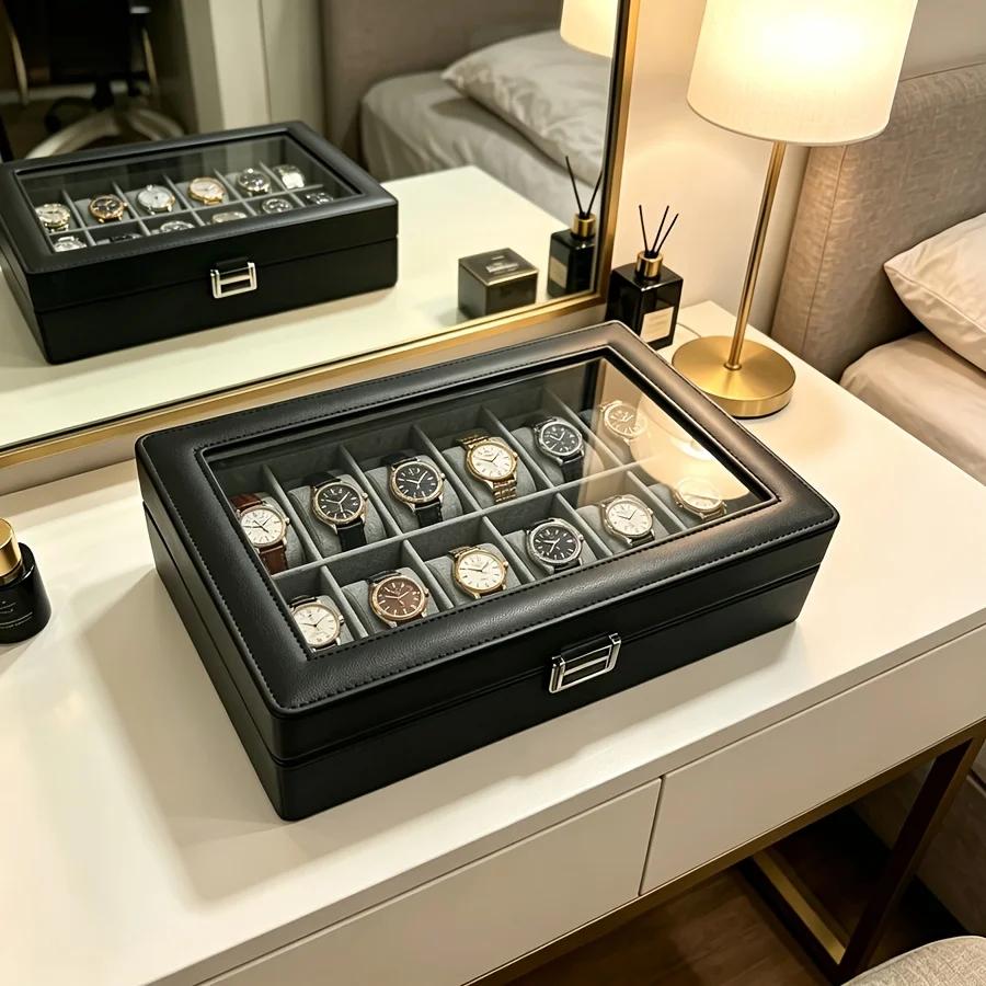 Boîte à montres en cuir pour homme à 12 emplacements avec serrure et 3 boîtes de rangement transparentes pour bracelets, organisateur de montres de luxe pour collectionneurs et passionnés d'horlogerie