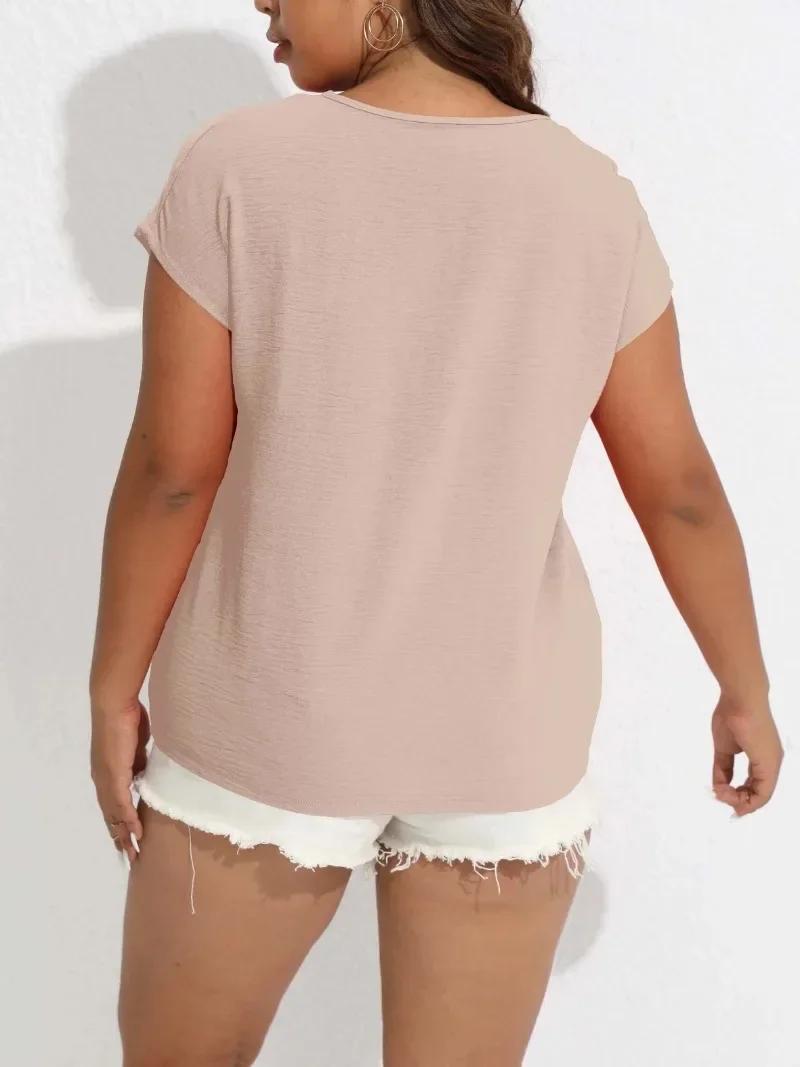 Chemisier uni à col en V pour femmes, grande taille 1XL-5XL, chemisier décontracté à manches courtes pour printemps et été, vêtements grande taille pour dames