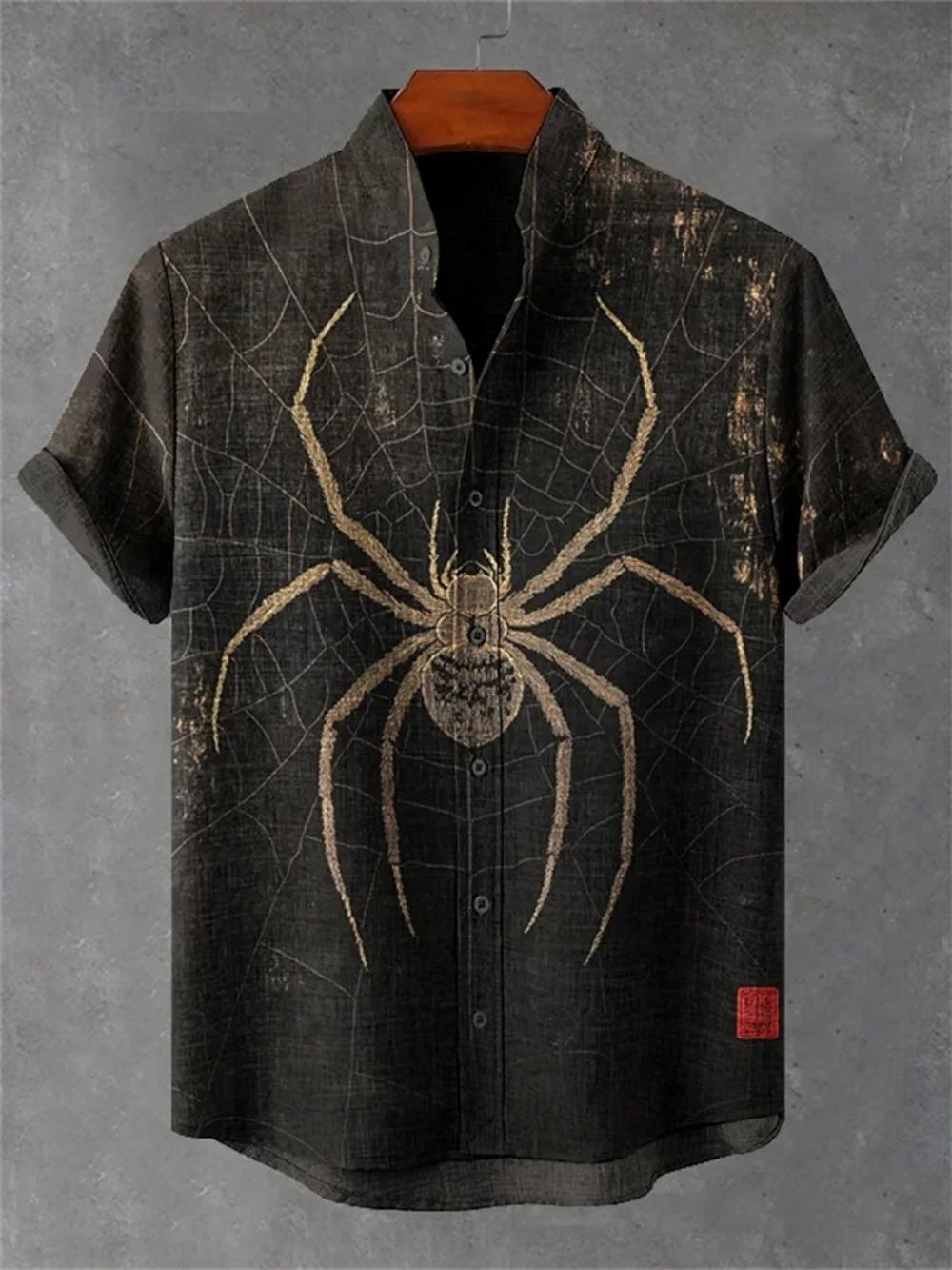Chemise Homme Grande Taille Imprimée Motif Dessin Animé, Col Montant Tendance, Manches Courtes, Tenue en Lin de Haute Qualité pour l'Extérieur