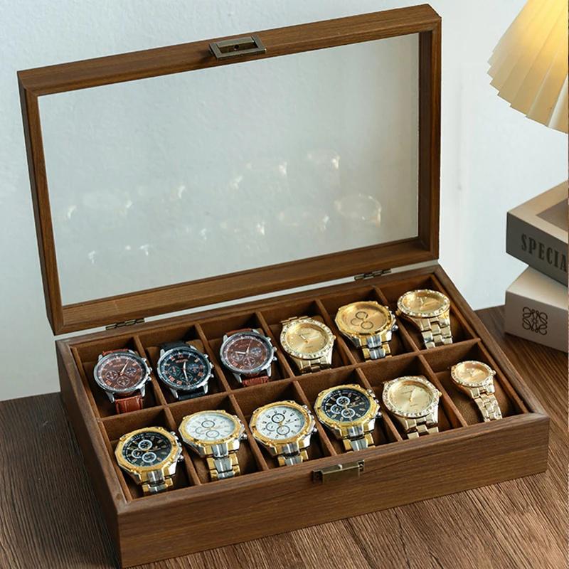 Boîte à montres en bois à 12 emplacements avec couvercle en verre