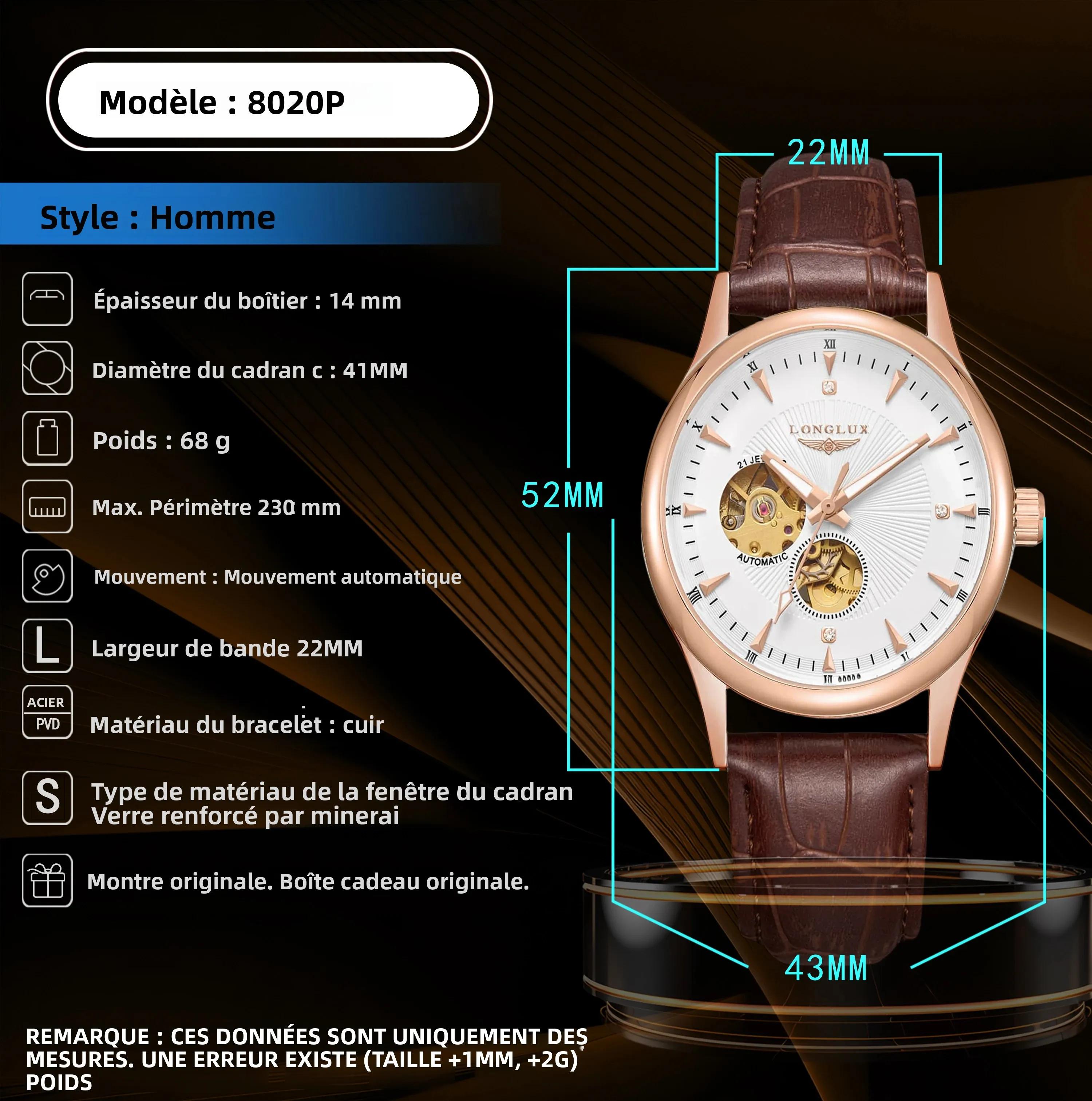 LONGLUX montre automatique style élégant en gros montres mécaniques squelette rome étanche