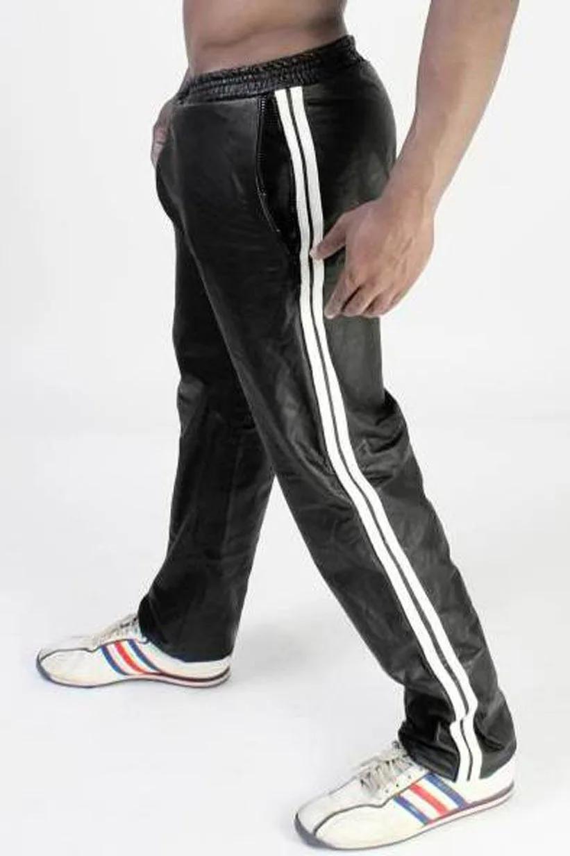 Pantalon de jogging en cuir PU pour homme, décontracté, à double rayures latérales, coupe droite, taille élastique, style Hip Hop Streetwear