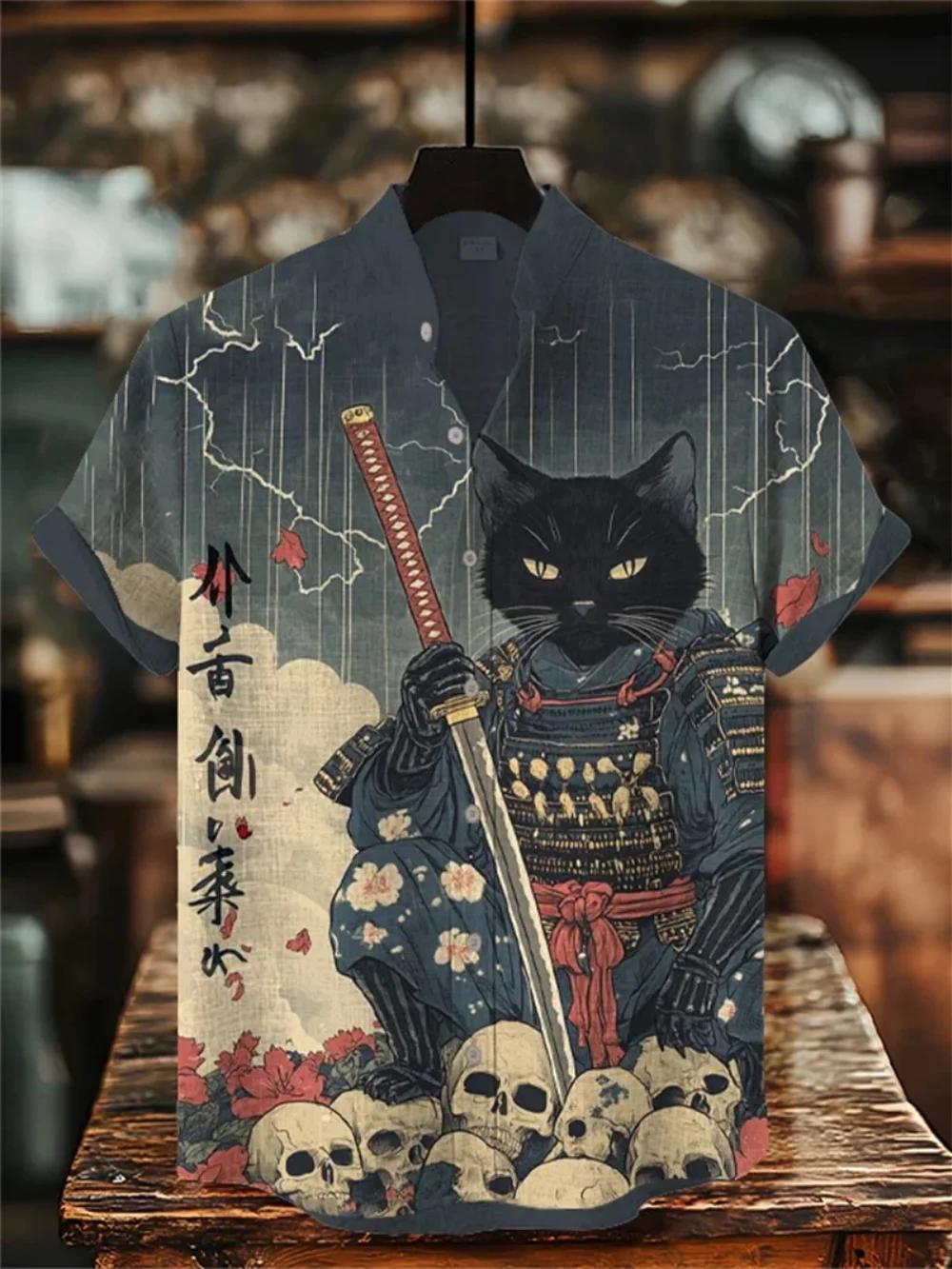Chemise Homme Grande Taille Imprimée Motif Dessin Animé, Col Montant Tendance, Manches Courtes, Tenue en Lin de Haute Qualité pour l'Extérieur