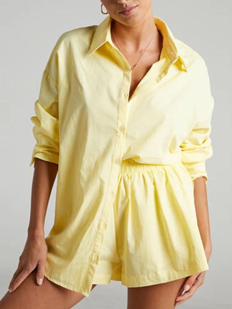 Survêtements en coton pour femmes, chemise avec mini short, ensembles 2 pièces, vêtements de mode, tenues, chemisiers
