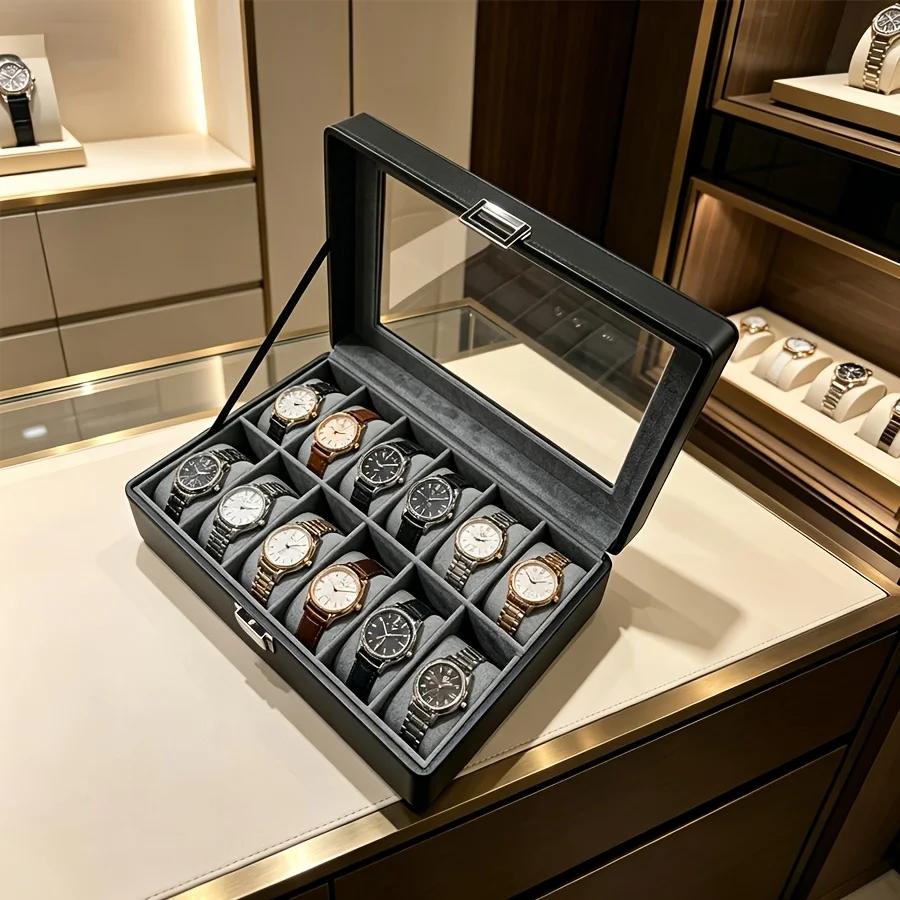 Boîte à montres en cuir pour homme à 12 emplacements avec serrure et 3 boîtes de rangement transparentes pour bracelets, organisateur de montres de luxe pour collectionneurs et passionnés d'horlogerie