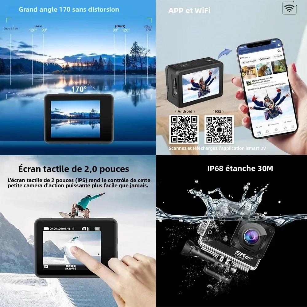 Caméra d'action 5K 4K60FPS EIS 48MP Wi-Fi double écran 170D 8X Zoom pré-enregistrement 30M
