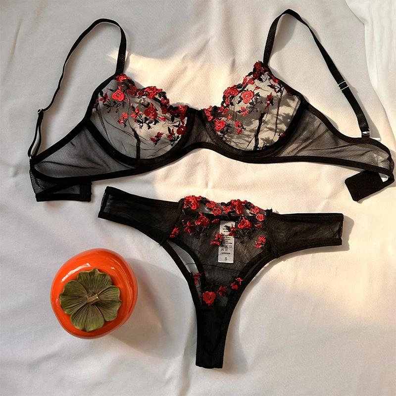 Sous-vêtements Sexy pour femmes Transparent brodé petites fleurs soutien-gorge Lingerie chaude culottes intimes femme deux pièces ensemble vêtements