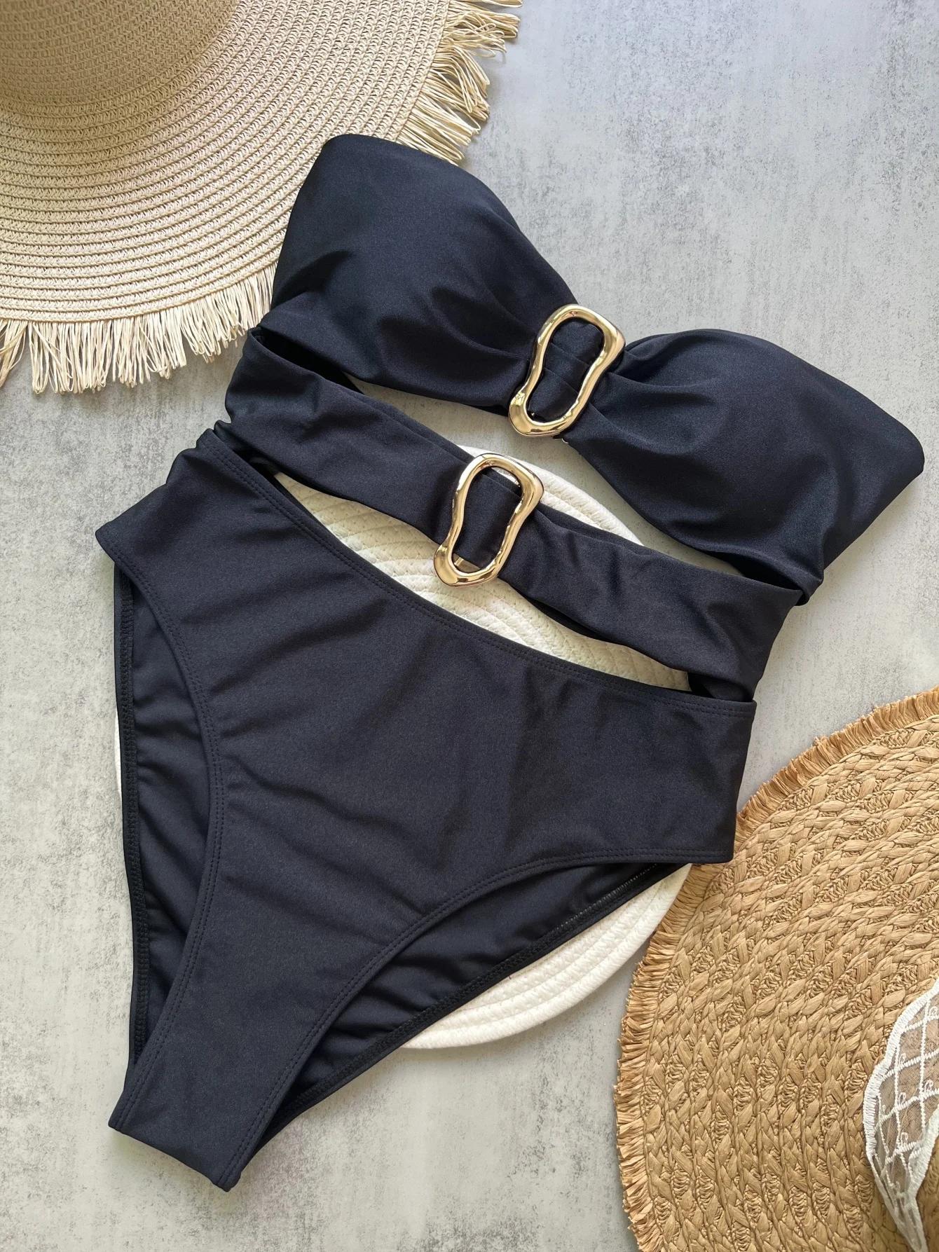 3 couleurs Sexy anneaux en métal découpé femmes maillots de bain une pièce maillot
