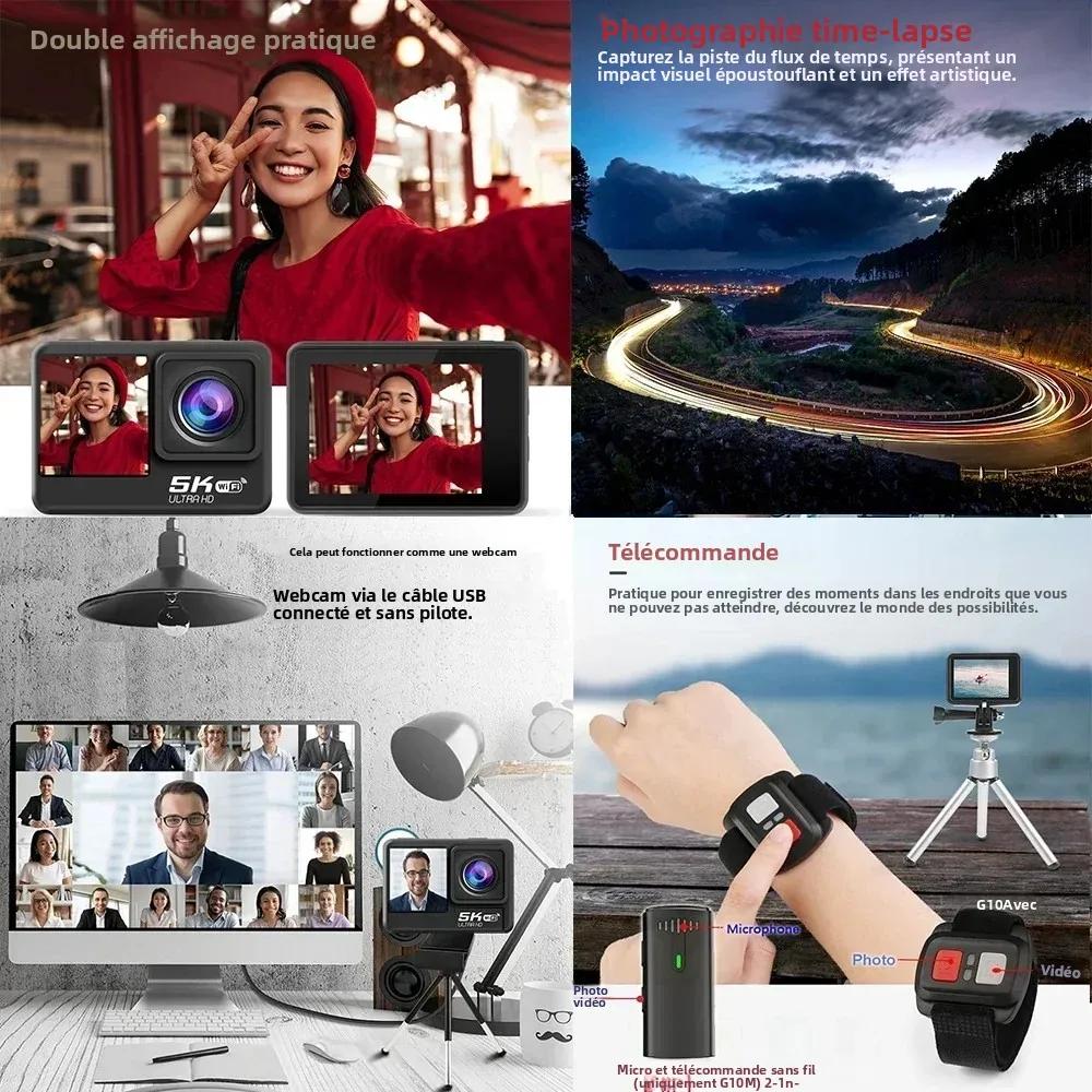 Caméra d'action 5K 4K60FPS EIS 48MP Wi-Fi double écran 170D 8X Zoom pré-enregistrement 30M