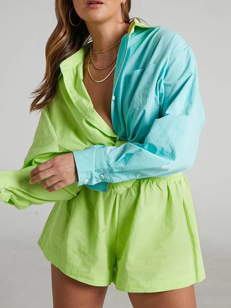 Survêtements en coton pour femmes, chemise avec mini short, ensembles 2 pièces, vêtements de mode, tenues, chemisiers