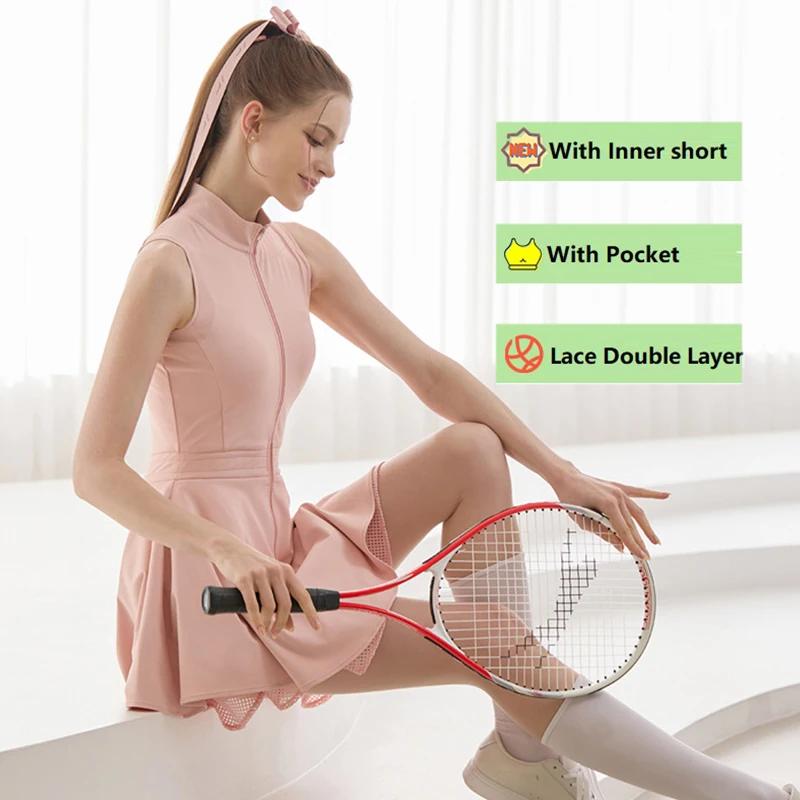 Mode Tennis Golf vêtements dames sans manches dentelle robe de sport séchage rapide demi fermeture éclair robes minces