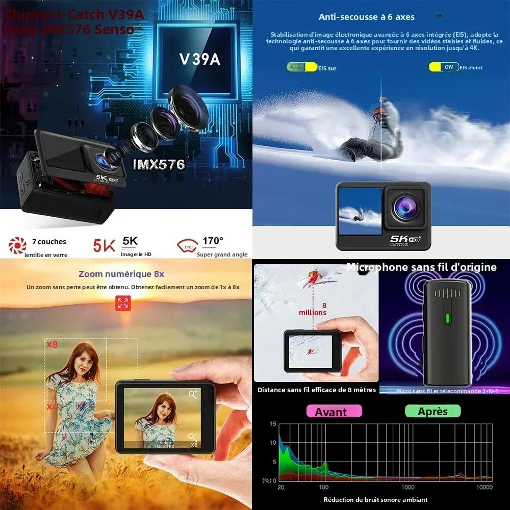 Caméra d'action 5K 4K60FPS EIS 48MP Wi-Fi double écran 170D 8X Zoom pré-enregistrement 30M