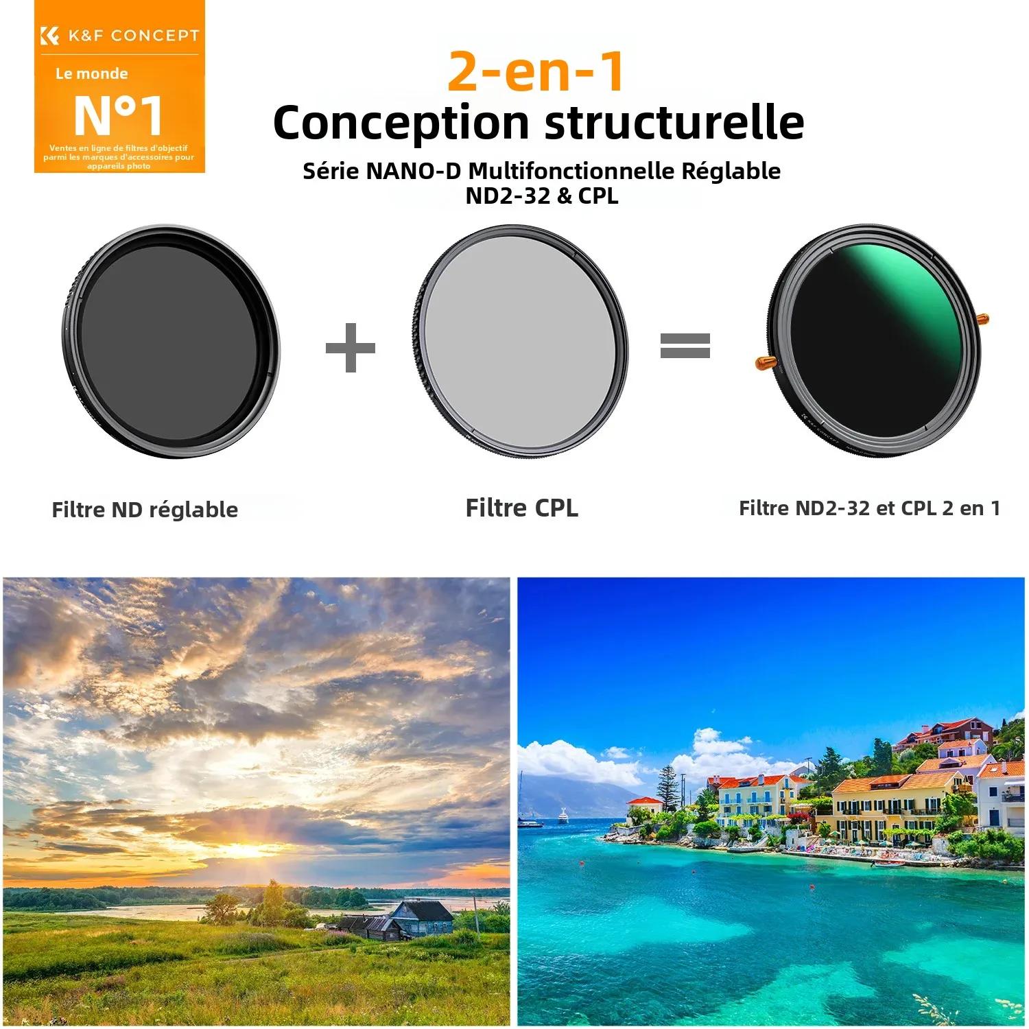 Filtre d'objectif 2-en-1 K&F CONCEPT ND & CPL ND2-ND32 (1-5 Stops) à densité neutre variable et polarisant pour objectif